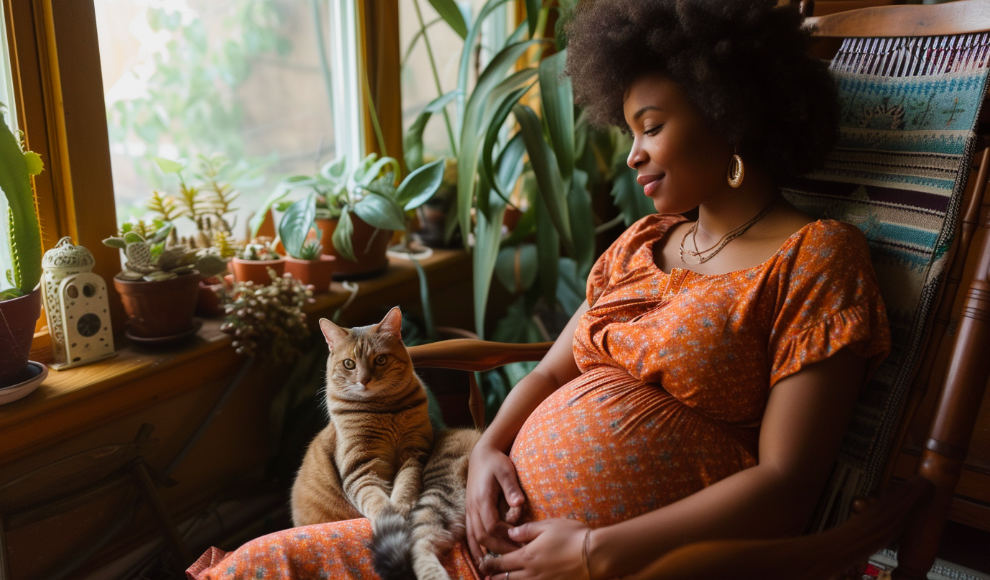 Schwangere Frau sitzt im Zimmer mit einer Katze