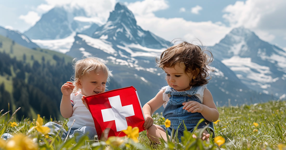 Babys aus der Schweiz spielen auf der Wiese